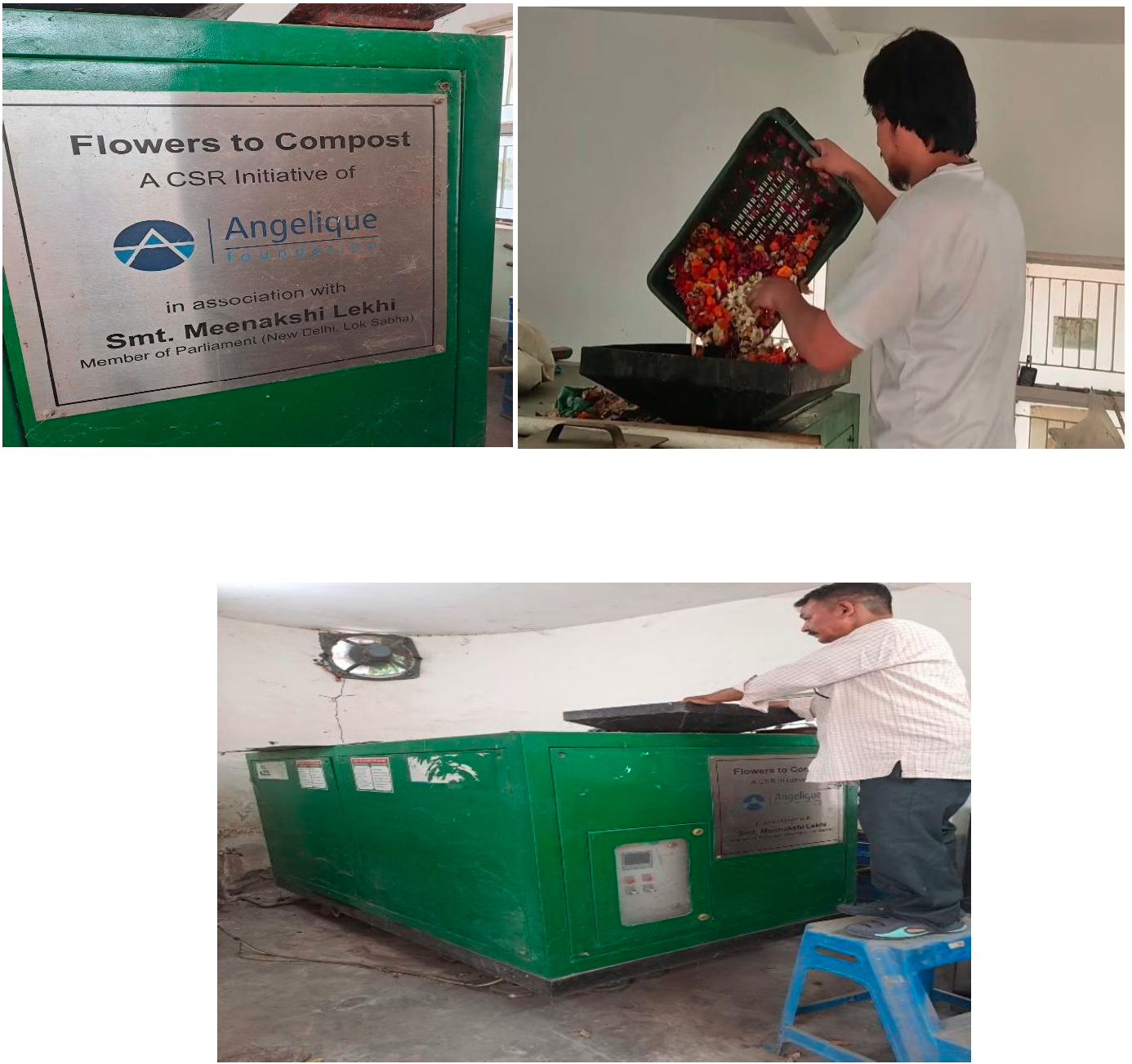 The temple’s “Flowers to Compost” machine, with temple staff loading offered flowers into it